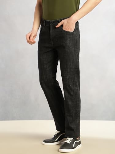 Image of Thomas Scott Men Slim Fit Mid Rise Stretchable Light Fade Jeans | Dark Blue Medium Wash Five Pocket Denim for Casual and Smart Casual Wear