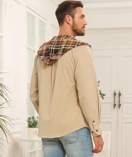 Mens Flannel Hoodie Shirts Long Sleeve Fashion Plaid Jackets Button Down Shirts4