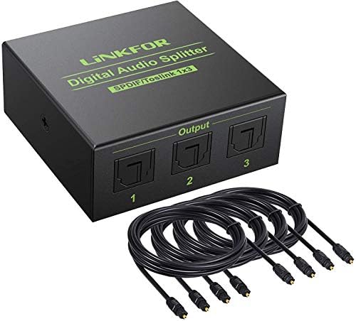 LiNKFOR Optical Audio Splitter 1x3 SPDIF Toslink Optical Splitter with 4PCS Optical Cable Aluminum Alloy 1 IN 3 OUT Support LPCM 2.0 DTS Dolby-AC3 Compatible with PS3 DVD HDTV STB Etc