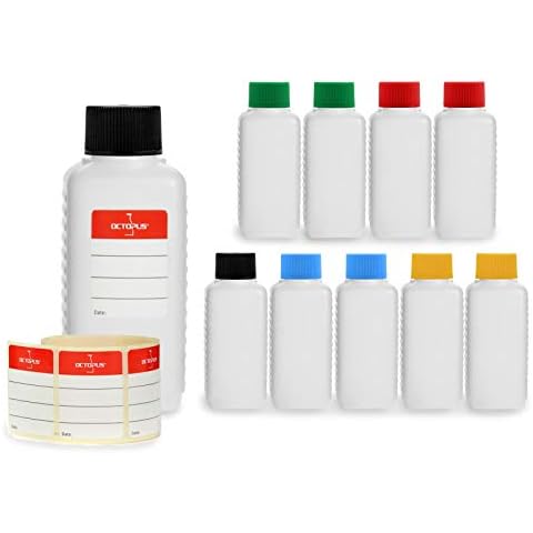 10 Botellas de Plástico Octopus de 100 ml con Tapones de Rosca de Colores y Etiquetas Cover
