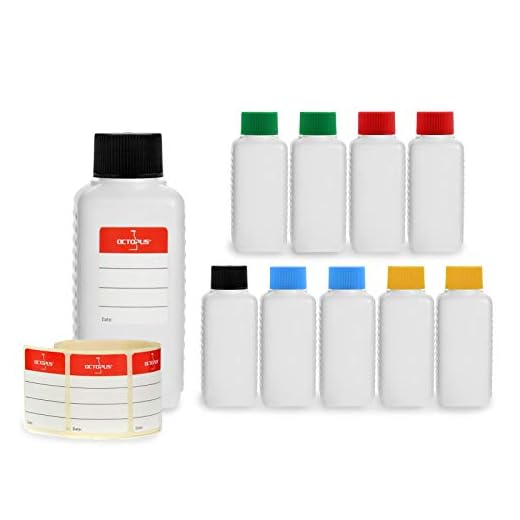 10 botellas de plástico de Octopus de 100 ml, botellas de plástico de HDPE con tapones de rosca de colores, botellas vacías con tapas de rosca de colores, botellas rectangulares con 10 etiquetas para marcar