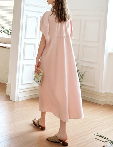 Women's Light Pink Long Dress, Pleated Round Neck Puff Sleeve Loose Summer Casual Midi Dress with Pockets2