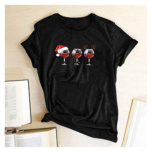 LIWEIKE Copa De Vino Impresa Camiseta Corta Para Mujer Patrón De Navidad O-cuello Manga Corta Camiseta Ropa De Mujer Casual Ropa De Señora Camiset (color: 001, Tamaño: XXXL) Cover