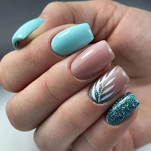 Pack of 24 Press on Nails Square Short, Glitter French Artificial Nails, Natural Artificial Nails for Sticking with Nail Glue Sticker, Leaves Design Acrylic Fingernails Fake Nails for Women