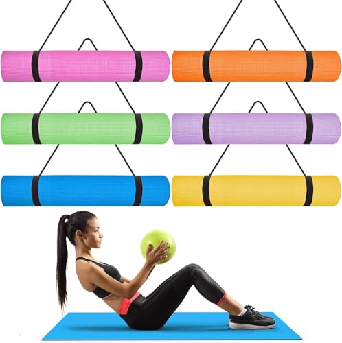 6 Pcs Bulk Yoga Mats with 6 Pcs Carrying Straps, 173 x 61 x 0.4 cm Exercise Yoga Mat with Strap, Non Slip Fitness Mat for Workout, Stretching