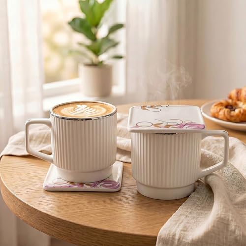 Image of U.P.C. Premium Bone China Ceramic Coffee Mug Set of 6 with 6 Coasters | Designer Tea & Coffee Cups |Printed Ceramic Mug Set | Tea Cups for Home,Office.