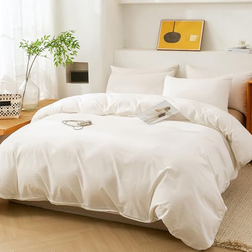 Image of ECOCOTT White Duvet Cover Full Size, 100% Washed Cotton 1 Duvet Cover with Zipper and 2 Pillowcases, Ultra Soft and Easy Care Breathable Bedding Set (White, Full)