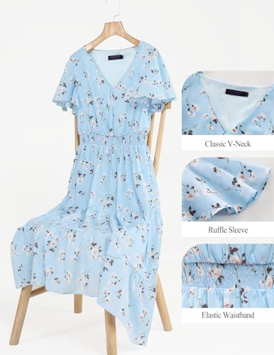 Image of Bridesmay Women's Summer Floral Midi Dress V Neck Short Sleeve A-Line Casual Beach Vacation Dresses Flowy