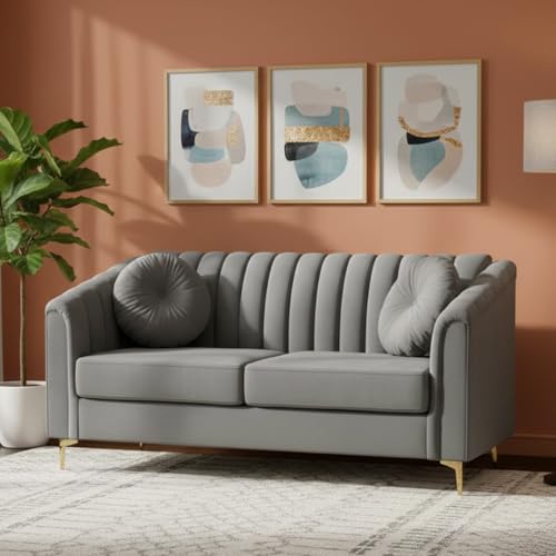 Image of FURNY Dorano 2 Seater Fabric Sofa Set (Light Grey) Premium Velvet Finish Durable & Comfortable Ideal for Living Room