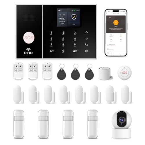 PGST Allarme casa Senza fili, Supporta schede SIM GSM/4G, Sistema di Allarme Senza fili con APP, Kit 23 Pezzi: Telecamera, Sensori Finestra, Telecomando per Garage, Ufficio (Wi-Fi 2.4GHz)