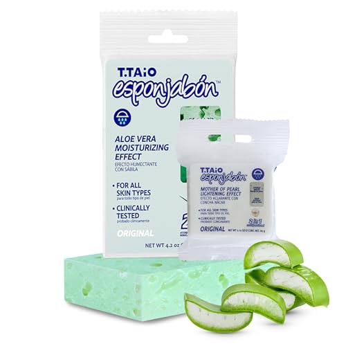 T.Taio Esponjabon Aloe Vera Soap Sponge - Gentle Shower Scrubber with Mini Mother of Pearl - Cleaning Bath Wash Scrub - Dirt & Oil Removal - Massage & Lather Foot, & Face - Fresh Aloe Vera Scent