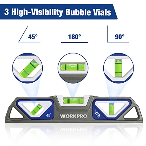 Workpro 10-Inch Magnetic Torpedo Level, Patented Double-View Design, Die-Cast Aluminum Alloy Construction, 3 Bubble Vials For 0°/90°/45° Measurements #TOP1