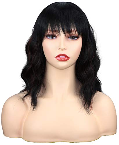 14 inch Shoulder length wavy wigs with bangs for black women natural looking short curly synthetic hair wigs heat resistant (Black mix Brown-02)