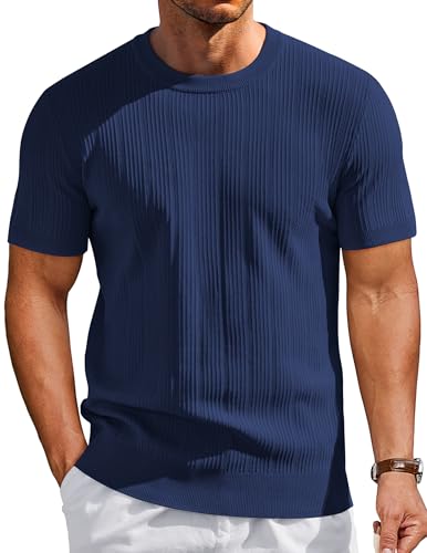 COOFANDY Mens Dress T Shirts Short Sleeve Crewneck Shirts Casual Texture Knit Tees, Navy Blue