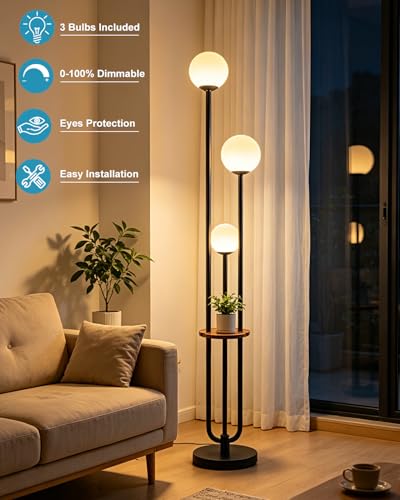 Image of Lightdot LED Floor Lamp Dimmable Globe Floor Lamps with Shelf Mid Century Modern Black Standing Lamp Candle Holder Style Soft Eye-Caring for Bedroom Living Room /Bedroom /Sofa Beside /Corner Decor