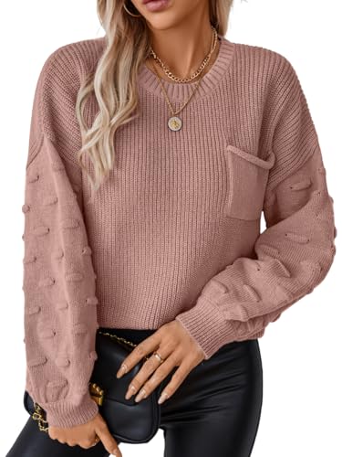 Puff Sleeve Sweater,Oversized Ribbed Sweaters for Women Trendy,Casual Fall Family Photo Outfits