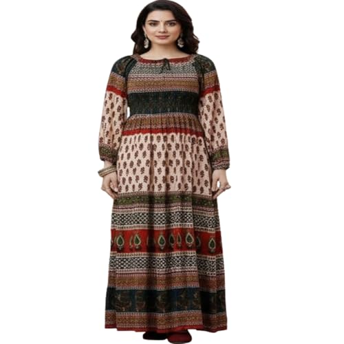 Image of Women's Cotton Dress Jaipuri Sanganeri Print Midi Long Dress Printed Fit and Flare Maxi Dress A-Line Gown Dress Maxi Skirt, Mandala (Free Size)