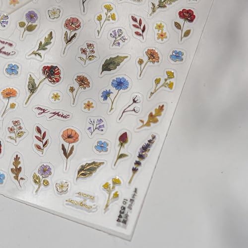 Image of 5D Embossed Nail Sticker Decals Flower Nail Art Stickers Small Plant Leaf Nail Decals with Design Self Adhesive for Women Nails Charsm DIY Decoration