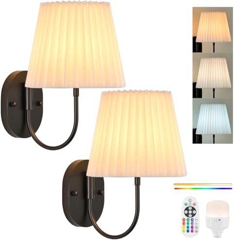 Image of PASSICA DECOR Battery Operated Wall Sconces Set of 2 Premium Fabric Pleated Shade, Rechargeable LED Lights with 15 Colors, Remote Control Timer for Bedroom, Living Room, Black Wall Light