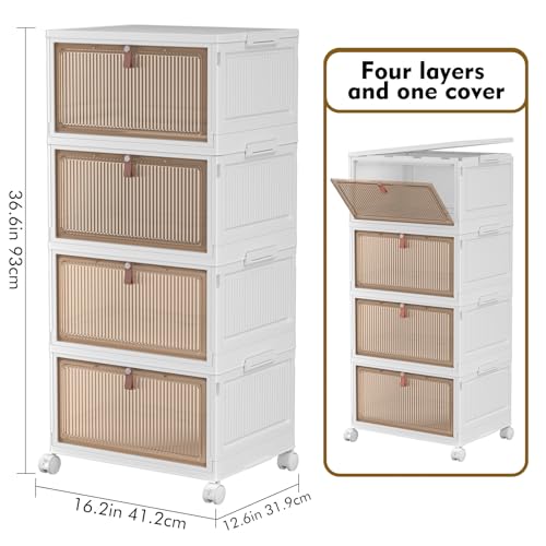 Image of 4 Tier Plastic Storage Bins with Lids 28QT, Stackable, Wheeled, Collapsible, Closet Organizers for Living Room, Office, Dorm