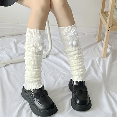 Fitu Womens 2 Pairs Knee High Leg Warmers Lolita Style Cute Ribbed Knitted Long Boot Socks For Party Sports Casual Socks(2 Pairs White Mixed2 Xn178179) #TOP3
