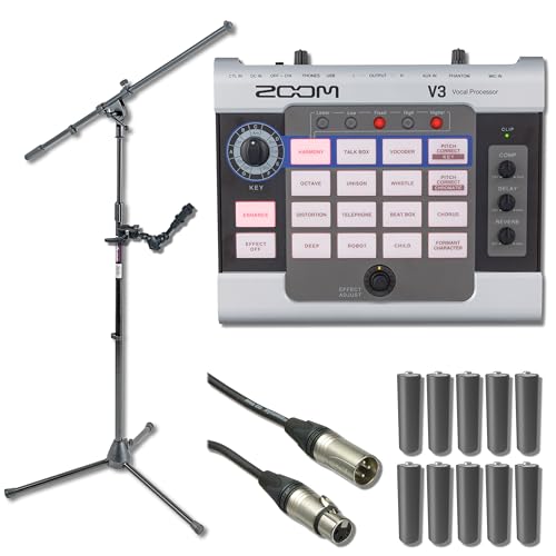 Zoom V3 Multi-Effects Vocal Processor with HRM-7 Handy Recorder Mount, Euro Boom Microphone Stand and 10x AA Batteries