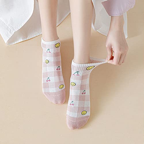 10Pairs Womens Cartoon Socks Cotton Ankle Socks Cute Floral Socks For Women ((10Pairs) Pink+Bule Flowers,5-7) #TOP7