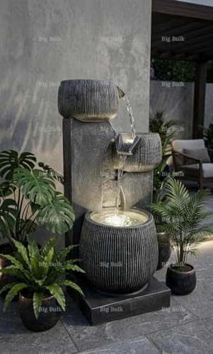 Image of Stone Grey Steps Bowl Fiber Fountain for Home Decor /Living Room /Hall /Office /Garden /Room Indoor Outdoor Fountain (33 x 31 x 81 cm) (Carbon Black Grey)