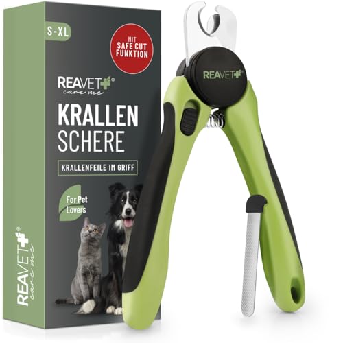 ReaVET Krallenschere für Hunde & Katzen - Inklusive Krallenfeile & Abstandshalter I Edelstahl Krallenzange zur Krallenpflege, Krallenschneider I Nagelschere Nagelknipser Hund