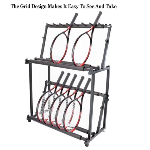 Foldable Tennis Racquet Storage Rack.Adjustable Height Badminton Racket Display Rack.Double Layer Tennis Racket Holder.for Gym School (Black 90.5 X 43.5 X 127cm)