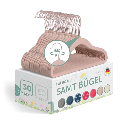 Laleni Kinderkleiderbügel 30 Stück Mit Samtbezug - Platzsparend, 360° Drehbar, Rutschfest - Rosegold & Puderrosa