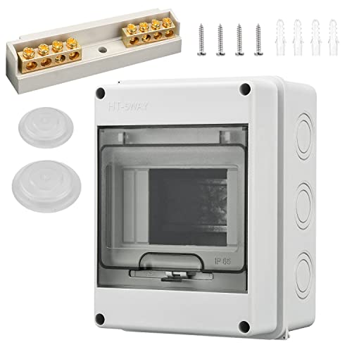Caja de Distribución de Superficie 5 Módulos, Caja de Fusibles IP65 a Prueba de Agua con Bloque de Terminales, Carril DN, Caja Conexiones Electricas para Jardín o Exteriores