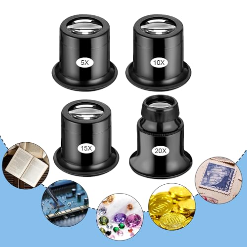 4 Pcs Jewelers Loupe Portable Monocular Magnifier Jewelers Eye Loupe Set 5X/10X/15X/20X Handheld Magnifier Optics Lens Loupes Magnifying Glass Eye Loops for Watch Repair Gem Diamond Stamp