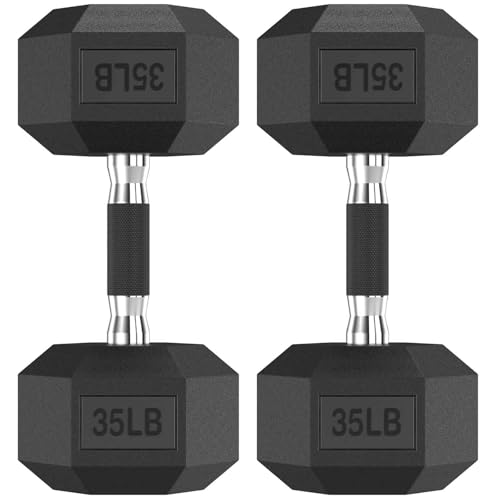 HANDBODE Hex Dumbbell Set of 2, Rubber Encased Fixed Dumbbells, 35 lb-A