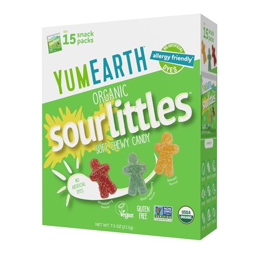 YumEarth Organic Sour Littles Chewy Candy - Allergy Friendly (Top 9 Free), No Artificial Dyes, Non GMO, Gluten Free, Vegan Candy Snacks - 15 Count Box