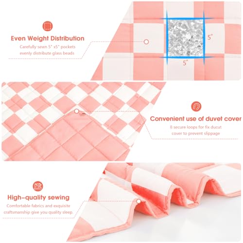Pink Checkered Weighted Blanket for Adults 20lbs, 60"x80" Queen Size, Cooling Heavy Blanket for 130-220lbs with Premium Glass Beads, Soft Thick Big Blankets for All-Season Sleeping Comfort Breathable