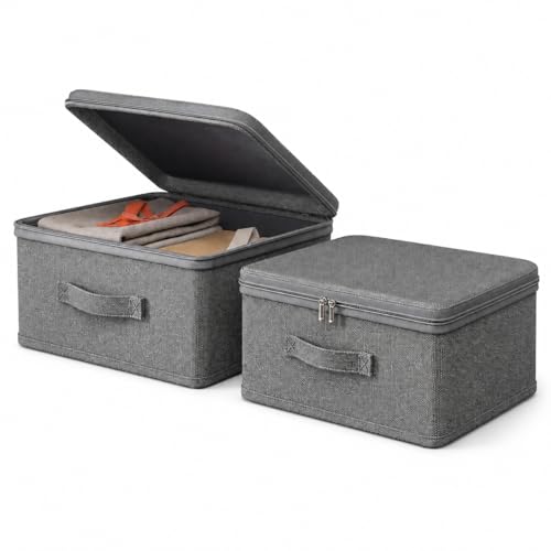 EAAGHK Lot de 2 Boîtes de Rangement en Tissu Gris 30 x 20 x 14 cm Boîtes de Rangement Pliables avec Couvercle et Poignées, Organisateurs d’Armoire pour...