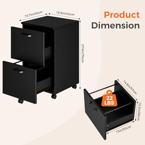 image for Sweetcrispy 2 Drawer Filing Cabinet Black, Rolling Wood File Cabinets 
