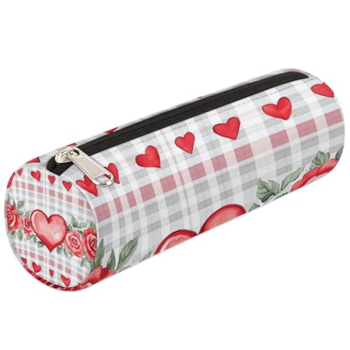 DJYQBFA Slim Pencil Case with Zipper, Heart Rose Check Cute Pen Bag Durable Polyester Small Pencil Pouch for Girls Boys