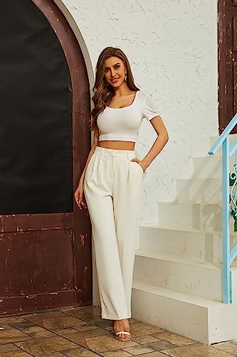 Funyyzo Women's Wide Leg Pants High Elastic Waisted In The Back Business Work Trousers Long Straight Suit Pants For Summer (Large, Beige) #TOP6