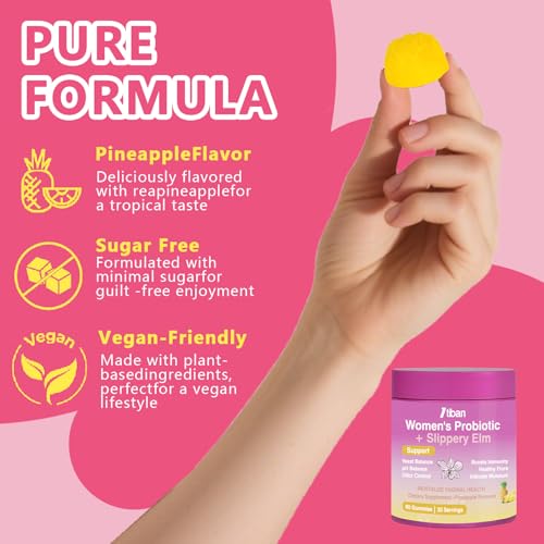 Image of Feminine Vaginal Probiotics Gummies, Supports pH Balance & Digestive Health, Slippery Elm for Women, Suagr-Free, Veagn, Pineapple Flavor, 60 Count