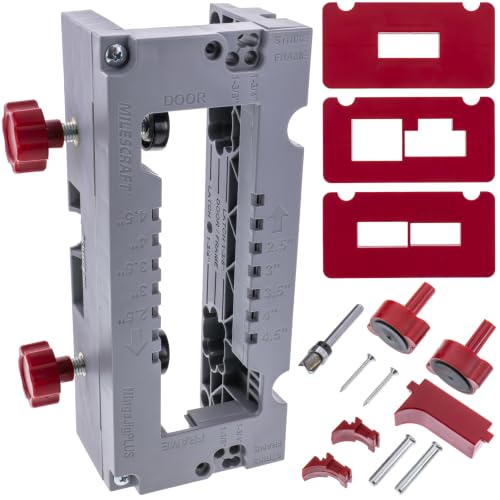 Milescraft 1229 HingeJigPLUS – Dual Clamping Door Hinge Jig Door Hinge Mortiser. Complete Hinge Installation Kit Rout Mortises from 2.5” to 4.5”. Strike and Latch Plates Included for Standard Doors
