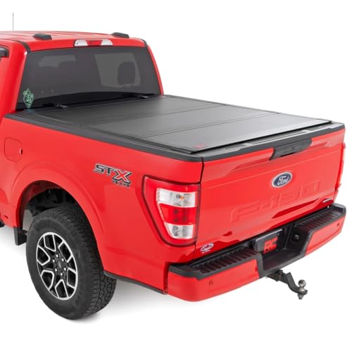 Rough Country Hard Tri-Fold Flip Up Truck Bed Tonneau Cover for Ford F-150 (2015-2020) - Flush Folding Aluminum Bed Cover, Fits 6'7" Bed