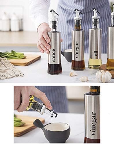 MHTECH Olive Oil and Vinegar Dispenser Bottle Set, Stainless Steel Transparent Glass Oil Bottle with FunnelSet of 2 (Silver -300ml)