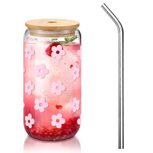 Hebterrka Vaso Estético de Cristal con Pajita y Tapa, Tumbler Estilo Limpio, Vaso con Tapa para Matcha y Estilo Coqueta