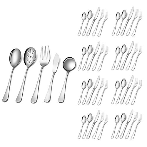 Silverware Set,SHARECOOK 45-Piece Stainless Steel Flatware Set with Serving Set,Kitchen Utensil Set Service for 8,Tableware Cutlery Set for Home and Restaurant, Dishwasher Safe(45-Piece, Silver)