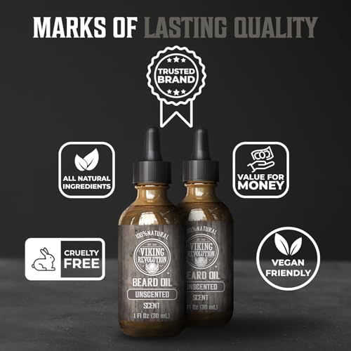 Image of Viking Revolution Men's Beard Oil with Argan and Jojoba Oils - Natural Softener and Conditioner, Strengthens and Moisturizes (Unscented, 2 Pack)