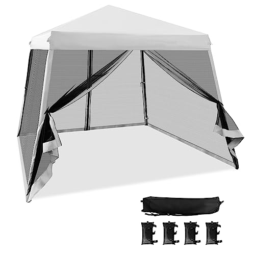 TANGZON 3 x 3M Pop Up Gazebo, Height Adjustable Instant Camping Party Tent Canopy with Slanted Legs & Carrying Bag, Outdoor Foldable Sun Shade Event Shelter (Grey, with Mesh Sidewalls & Sand Bags)