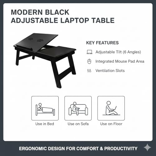 Image of Foldable Wooden Laptop Table for Bed & Sofa | Adjustable Laptop Desk with Tilt Top Cup Slot Drawer | Ergonomic Study Work Table for Home Office Reading Writing Use (Black)
