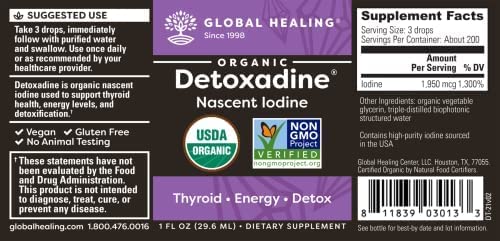 Global Healing Detoxadine, Organic Iodine Liquid Supplement Drops For Thyroid Support, Non-Gmo, Vegan, 200 Servings (6-Month Supply) #TOP1